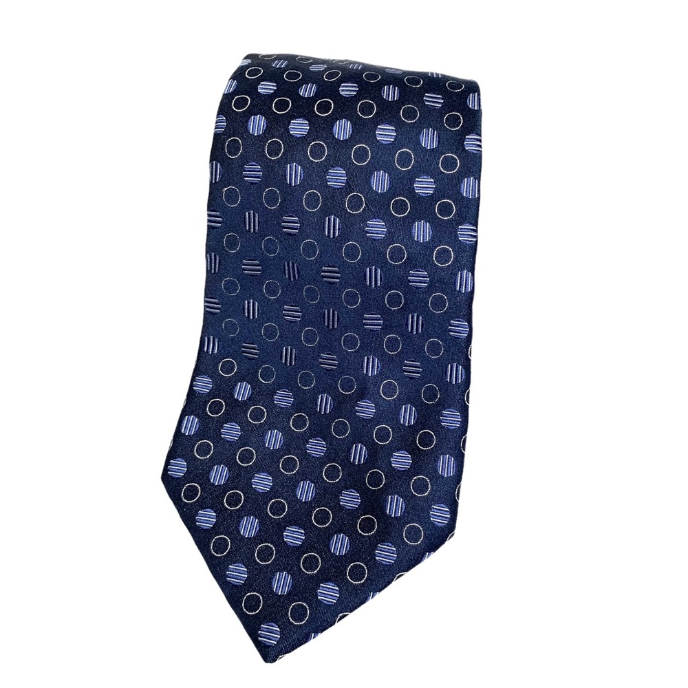 BALMAIN Paris Navy Silk tie with circle pattern‎ in Light blue and White 3 3/8”